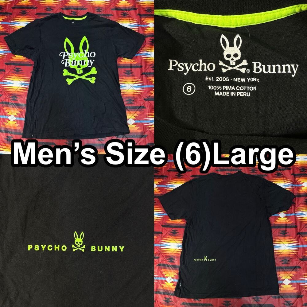 Psycho Bunny Men’s Black T-Shirt with Neon Green Logo - Large